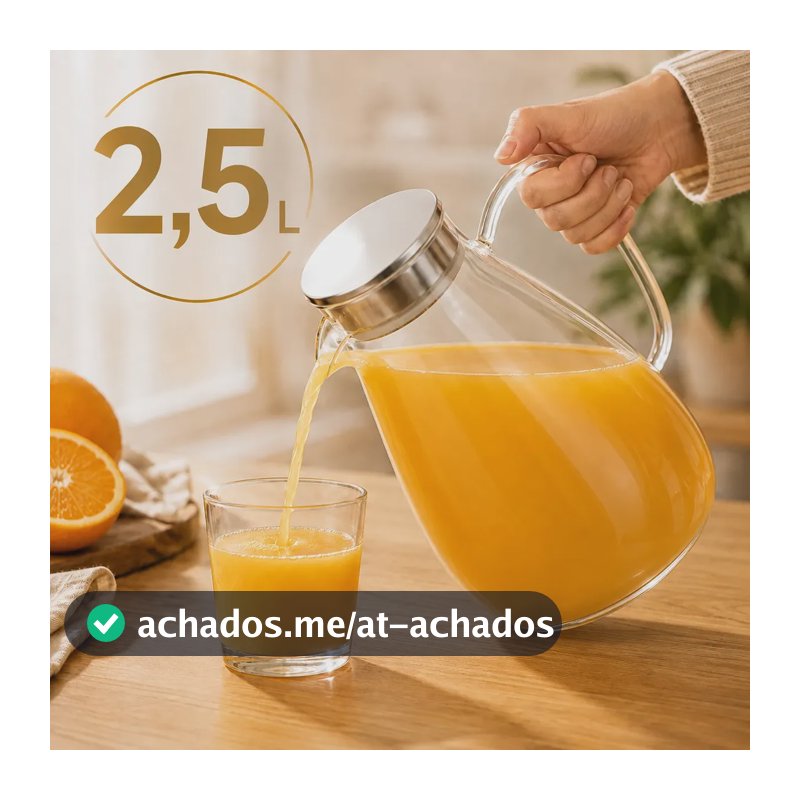 Jarra Vidro Borossilicato 2,5 Litros Tampa Inox Hermética Agua Suco Transparente