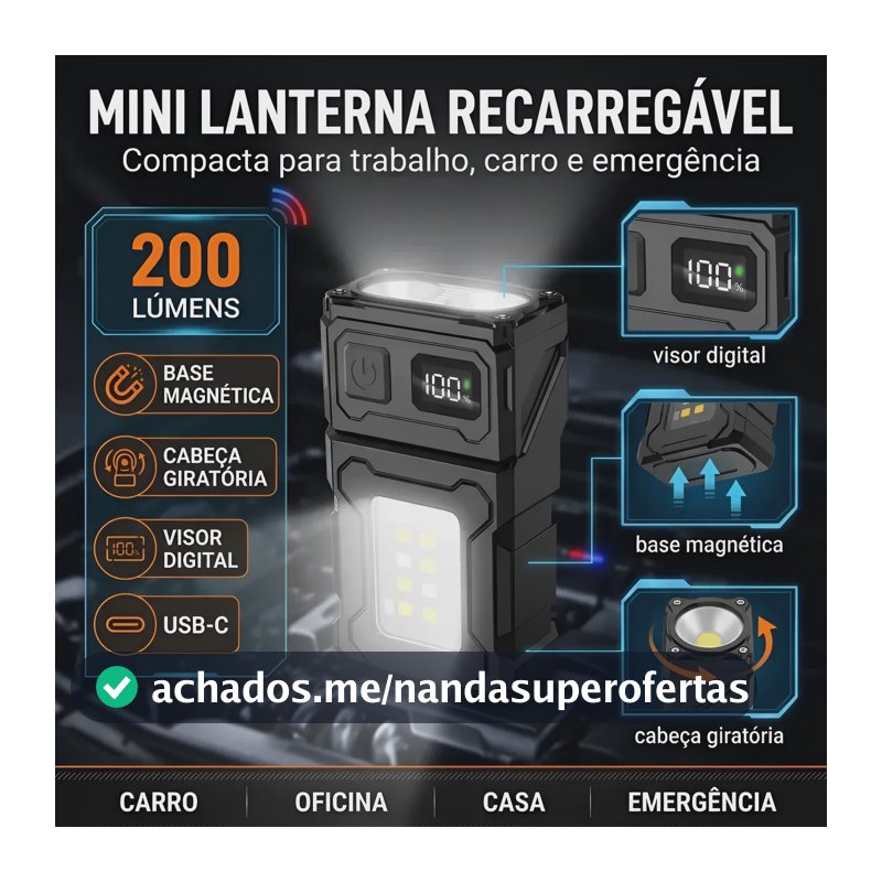 Lanterna Recarregável Portátil Com Clipe E Ímã Visor Digital Branco Preto