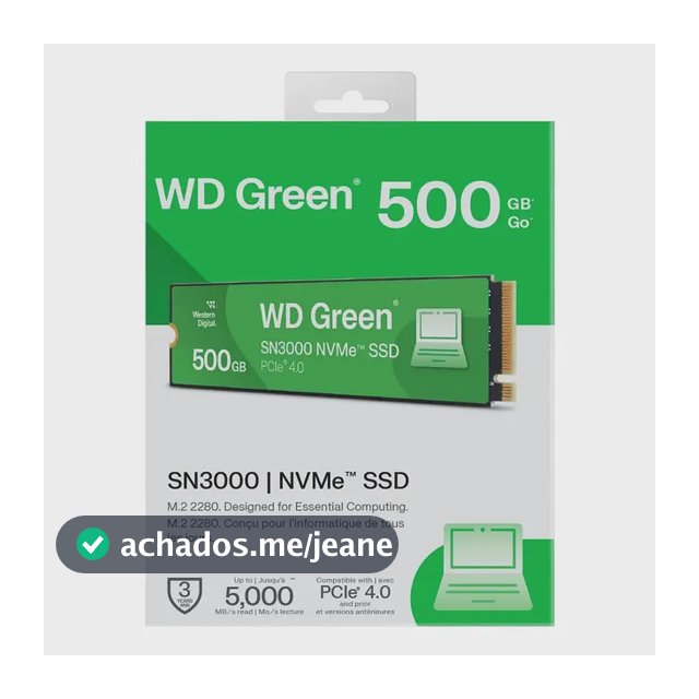 SSD WD Green SN3000, 500GB, M.2 2280, PCIe NVMe, Leitura 5000MB/s, Gravacao 4100MB/s, WDS500G4G0E