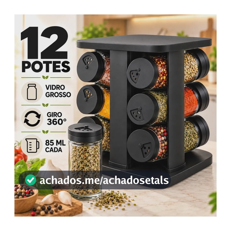 Porta Temperos Giratório 360° 12 Potes Vidro 85ml Tampa Inox Organizador Condimentos Cozinha Suporte Temperos Bancada Mesa Porta Condimento Premium