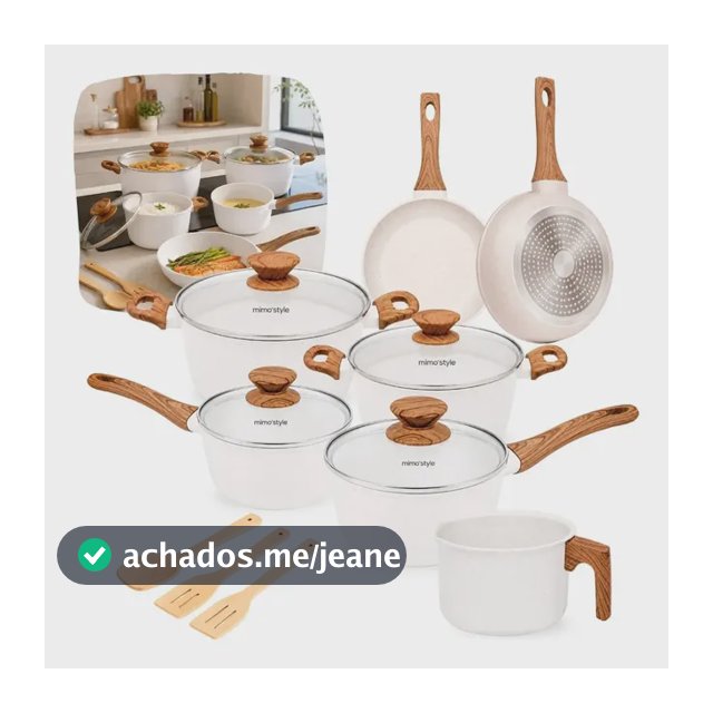 Jogo de panelas de cozinha Mimo Style Cook Fundo de Tripla Indução Mármol com 10 peças de alumínio, cerâmica, madeira marmol vanila