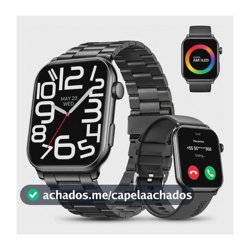 Relógio Inteligente Smartwatch Chamadas Bluetooth Aolon GTS3 Preto Masculino Feminino Esportivo Notificações Instantâneas Agua IP68 1.85 AMOLED Com Codificador Monitor Cardíaco SpO2 2 Pulseiras 8,8mm