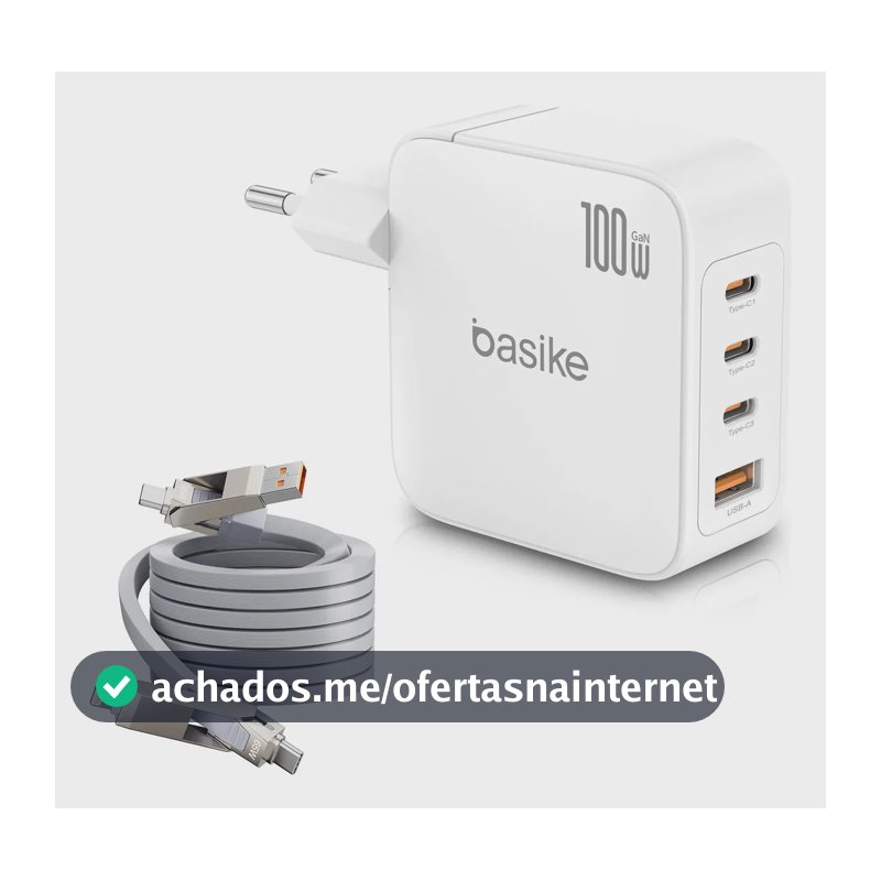 Carregador de Parede Basike 100W Turbo GaN com 3 USB-C e 1 USB-A, e Cabo de Dados 4 em 1