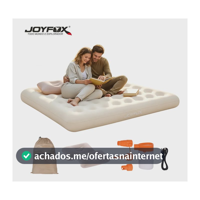 Joyfox Colchão Inflável Duplo + Bomba De Lítio Portátil E Par De Travesseiros Creme 191 X 137 X 22cm