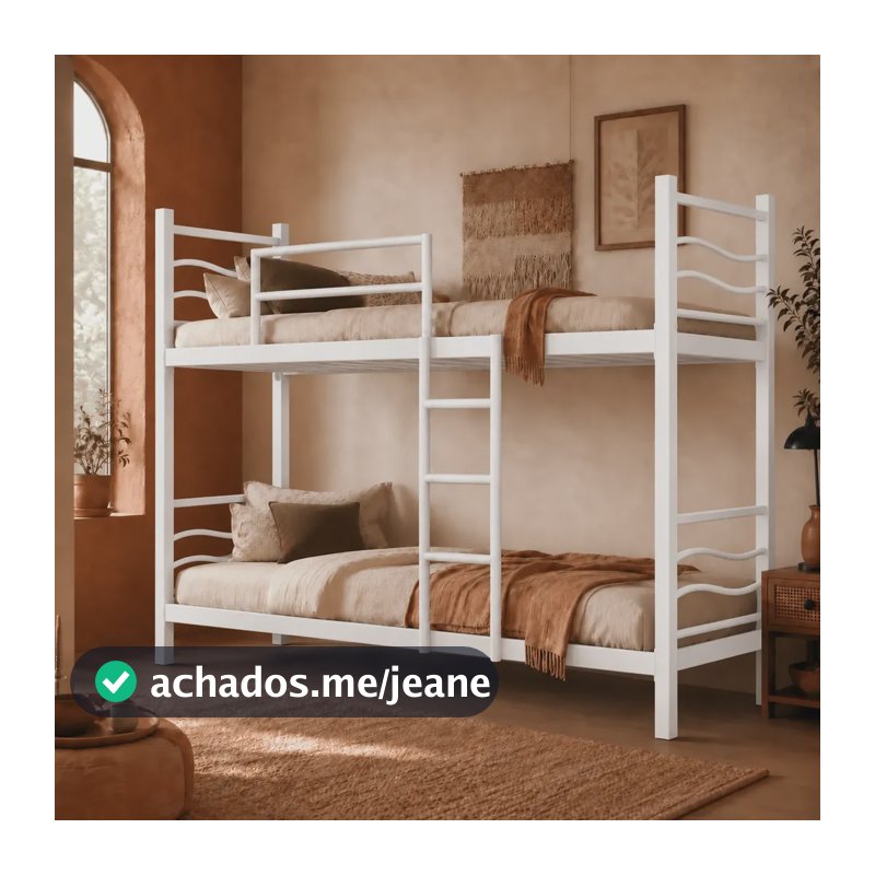 Cama Beliche De Aço Reforçada Solteiro Com Escada E Grades Branco Ondulada
