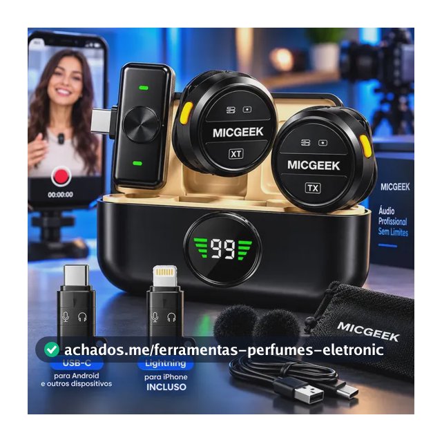 Microfone Lapela Redondo Sem Fio Tipo-C Duplo Anti Ruído P/ Android E iPhone 15 16 17 Com Caixinha Para Carregamento Cor Preto MICGEEK