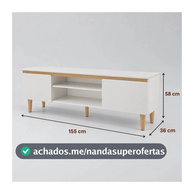 Rack Tv 55 Polegadas Estante Para Sala com 2 portas Nicho com Prateleira Madeira com Detalhe em Amadeirado Claro Branco