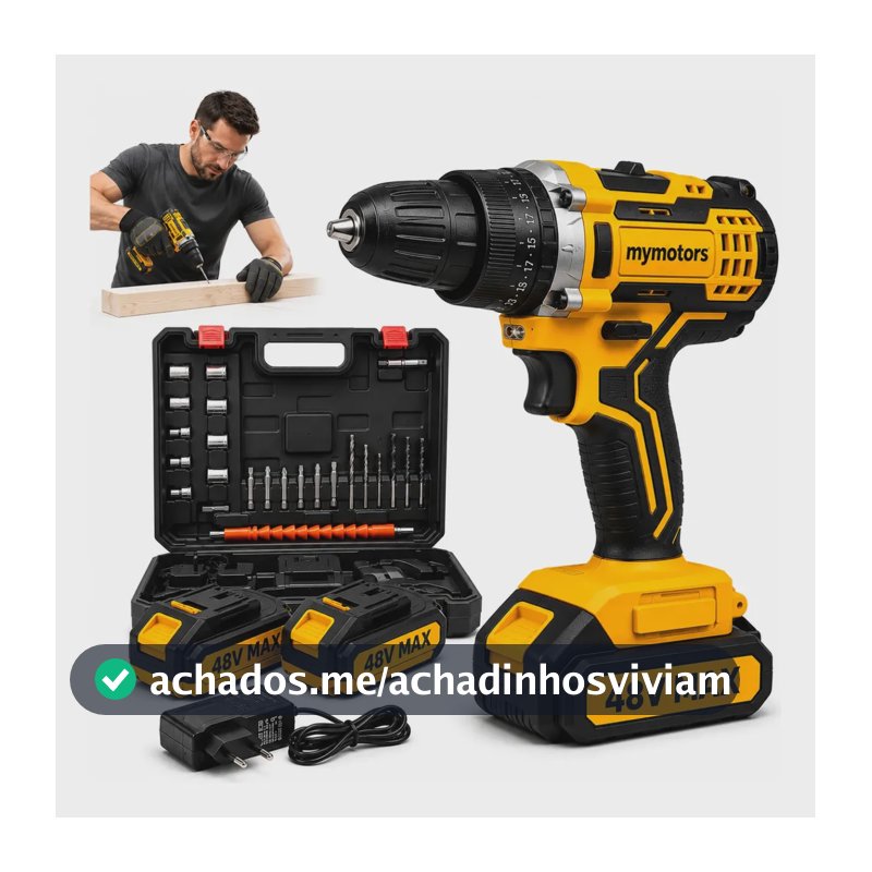 Parafusadeira Furadeira 48v Profissional 2 Baterias Sem Fio Amarelo 127/220v 60 Hz