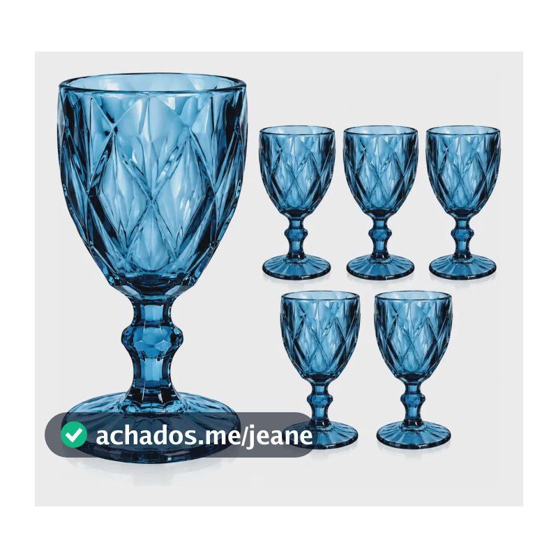 Jogo 6 Taças De Vidro Diamante 330ml Cristal Suco Elegante Azul