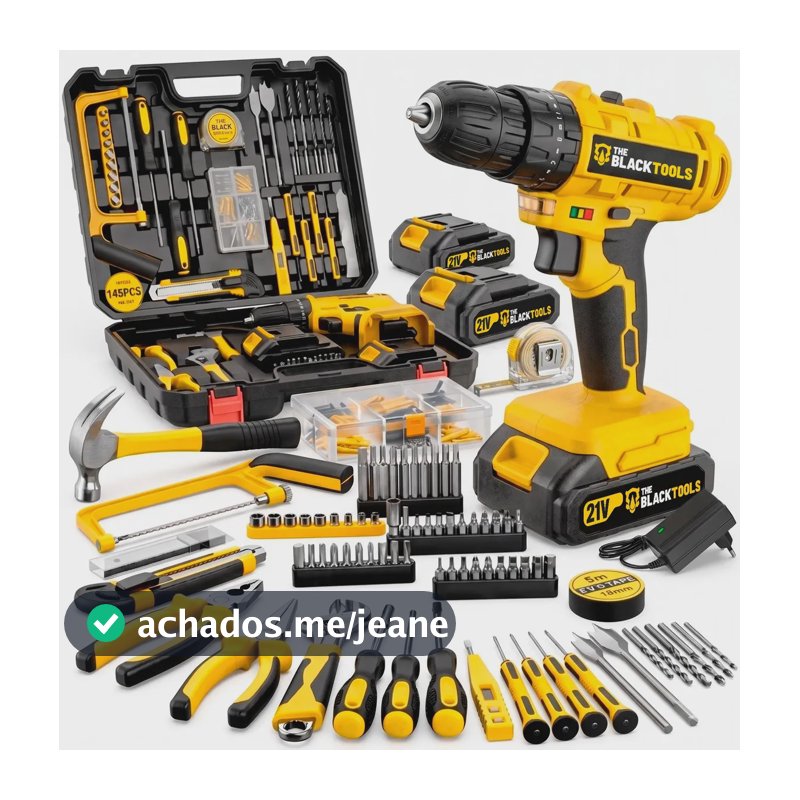Parafusadeira Furadeira De Impacto The Black Tools Profissional 2 Baterias Com Maleta + Kit Acessórios 145 Peças Tbkit19