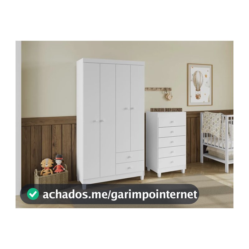 Guarda Roupa Infantil 4 Portas 2 Gavetas E Cômoda 5 Gavetas Branco Flex