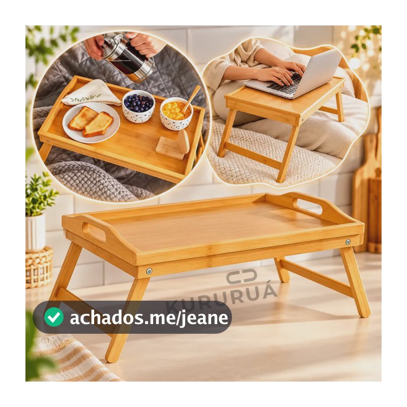 Bandeja Café Da Manha Na Cama Em Bambu Pés Dobraveis 50x30cm Marca Kururuá