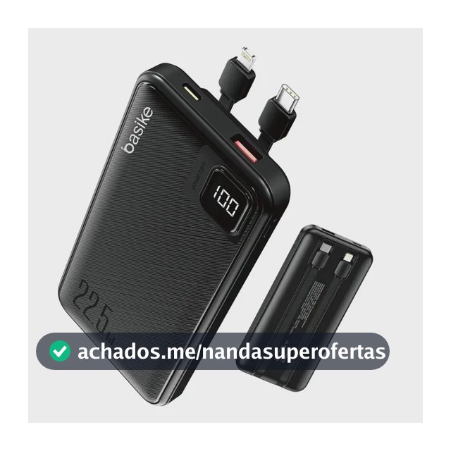 Power Bank Basike 10000mAh Preto, Carga Rápida 22.5W para iPhone e Samsung, Com Cabos Embutidos e Display