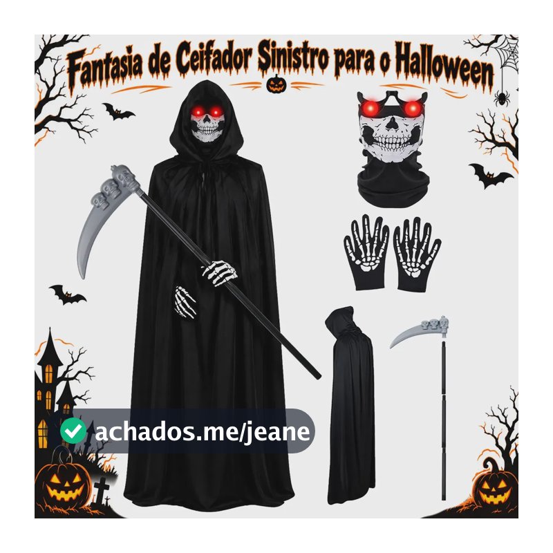 Lictin Fantasia De Ceifador Para O Halloween,Cosplay De Shinigami,Con Capa Com Capuz, Tiara, Luvas, Óculos E Foice;Fantasias Assustadoras Para Festa De Halloween,Tamanho: 140 cm