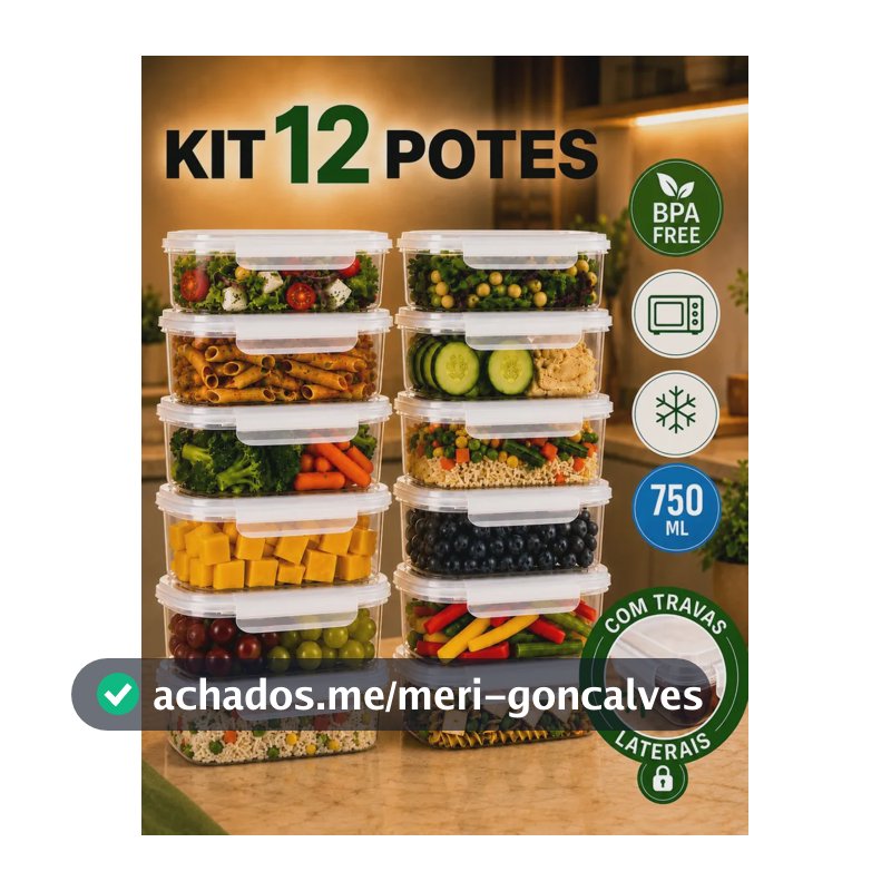 Kit 12 Potes Plásticos 750ml Para Alimentos Hermético Freezer Microondas Marmita Sem Bpa Organizador Com Tampa E Travas Peculiari