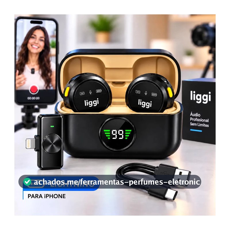 Microfone Lapela Redondo Imã Sem Fio Preto Duplo Anti Ruído Cor Preto - Lightning IPhone 8 ao 14