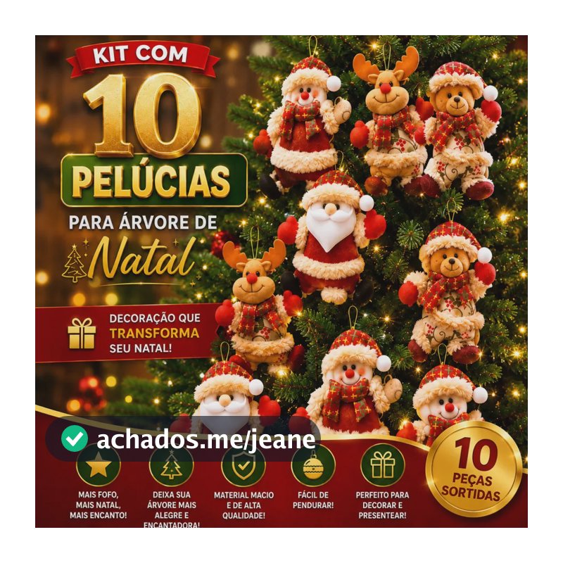 Kit 10 Bonecos De Pelúcia Para Arvore De Natal Enfeite Pingentes Festas 16cm Decorativo Pendente Decoração Natalina Premium Papai Noel Rena Urso Boneco de Neve Marca Revolux