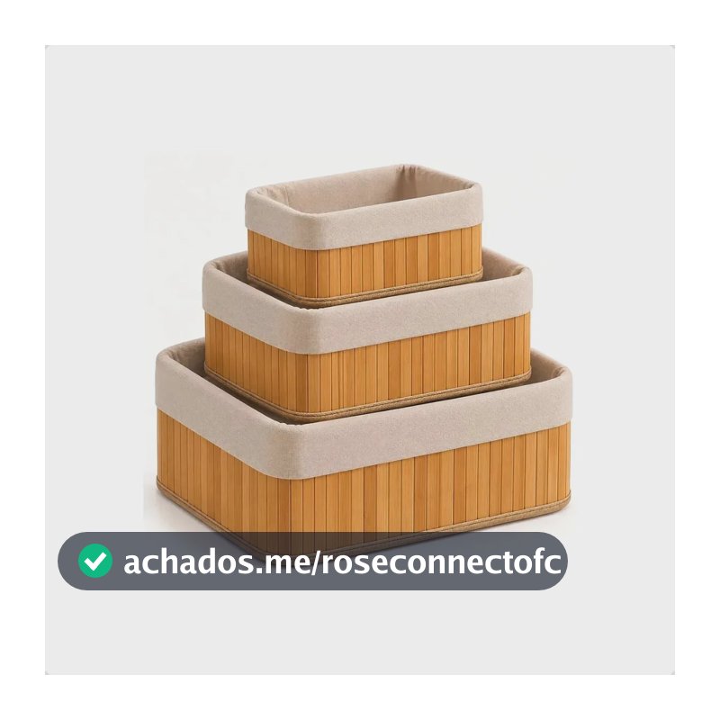 Kit 3 Cestos Organizadores de Bambu Retangulares com Forro para Casa e Banheiro