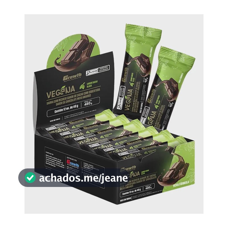 Barra De Proteína Vegana Caixa C 12 Unid. Growth Supplements Cacau Black