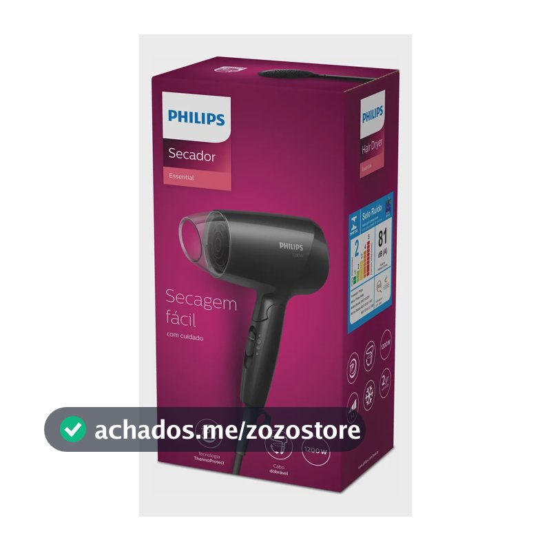 Philips Secador de Cabelo Essential 1200W Compacto com ThermoProtect Secagem prática e suave | Cabo dobrável para viagem | 3 ajustes de secagem | BHC010/81