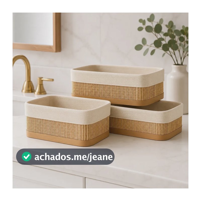 Kit 3 Cestos Organizadores Bambu Multiuso Lyor Com Forro Retangular Cozinha Banheiro Cestinhos Lhp