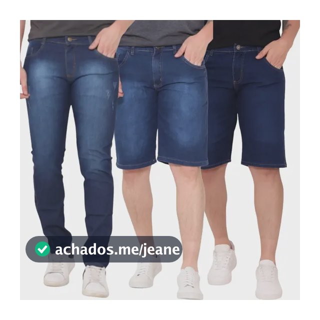 Kit 2 Bermudas Jeans Masculina E 1 Calça Jeans Skinny Lycra
