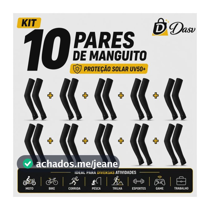 Conjunto Kit 10 Pares Manguito Proteção Solar Moto Manga Bike Motocicleta Futebol Braço Esporte Volei Pesca Trilha Único Preto DASV