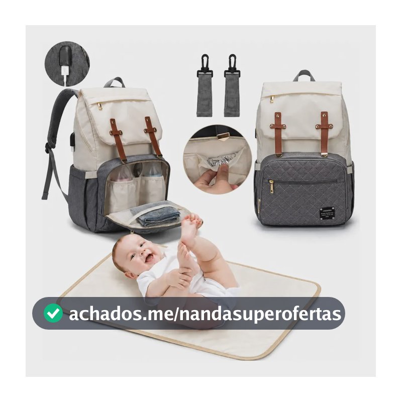 Mochila Bolsa Lequeen Maternidade Dândi Smart Moderna Moda Cor Bege C/ Cinza Desenho do tecido Liso