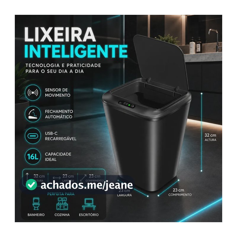 Lixeira Smart Inteligente 16 Litros Quadrada Sensor De Movimento Automático No Touch Preta