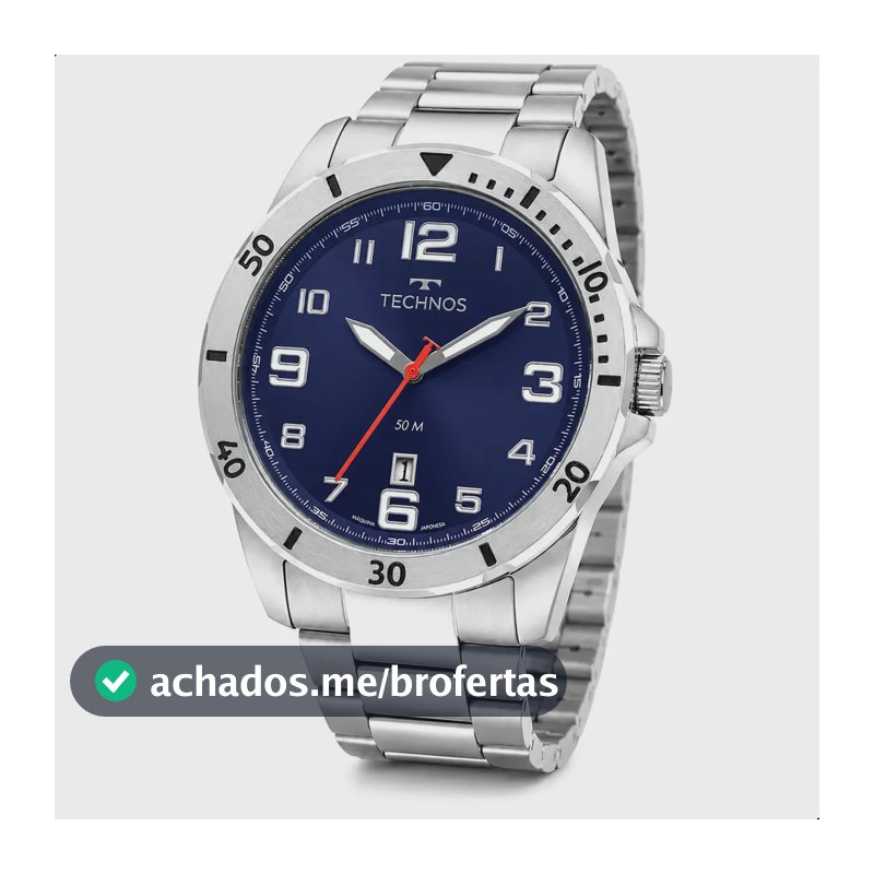 Relógio Technos Masculino 2115NAP/1A 45 Milímetros Casual em Aço Inoxidável Prova D´Agua 50 Metros com Calendário Fundo Azul
