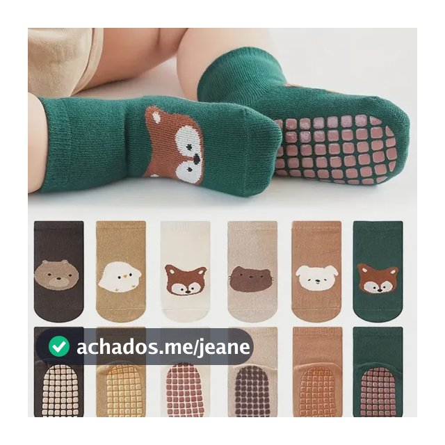 Kit 6 Pares De Meias Infantis Antiderrapantes Com Bichinhos 6pairsmixcolor Animal Print S 0-1 Year Old 9-11cm