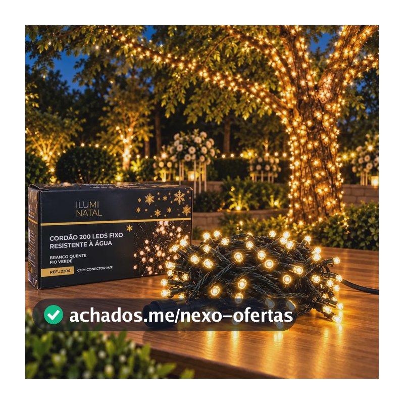 Cordão 20m 200 Leds Blindado Luz Fixa 20 Metros Contínuos P/ Árvore Natal Prova D'água Ip44 Fio 1.8mm Lph Pisca Pisca De Natal Fixo Conexão Macho Fêmea Luzes Natal Decoração Branco Quente 110