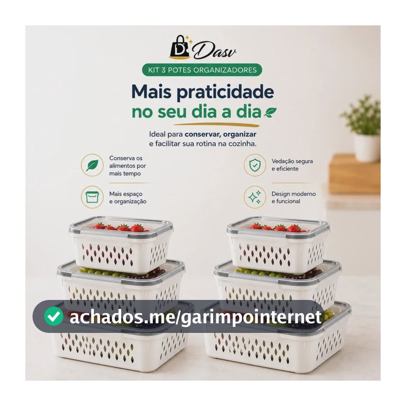 Conjunto Kit 6 Organizadores Geladeira Transparente Hermético Escorredor Cesto Frutas Alimentos Verduras Legumes Dasv