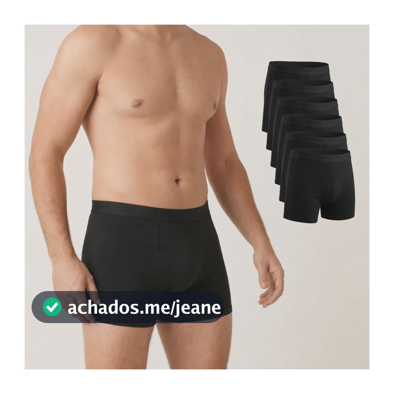 Kit 6 Cuecas Box Masculina Algodão Básica Confortável Preto Liso G
