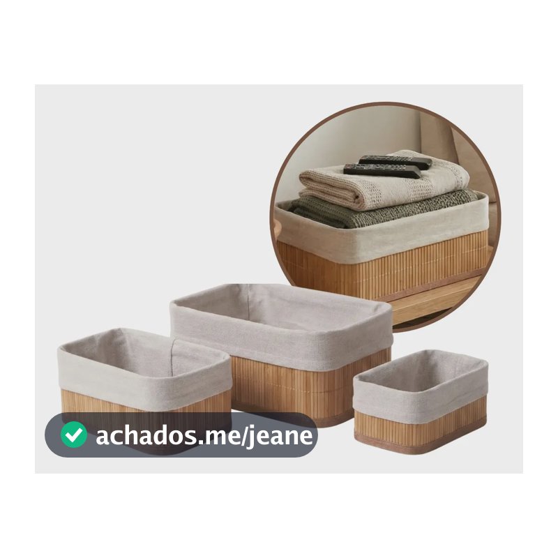Kit 3 Cestos Organizadores de Bambu Retangulares com Forro Lavável para Sala, Quarto e Banheiro