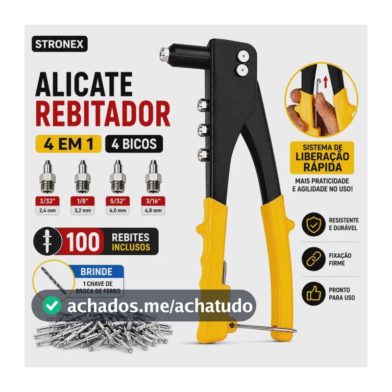 REBITADOR MANUAL REBITADEIRA DE ALICATE 4 BICOS REBITE ALICATE DE REPUXO ALUMÍNIO KIT 100 REBITES UNIVERSAL PROFISSIONAL STRONEX
