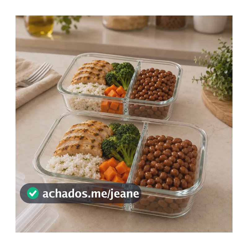 Kit 2 Potes de Vidro Herméticos para Marmita 640 mL com Divisória