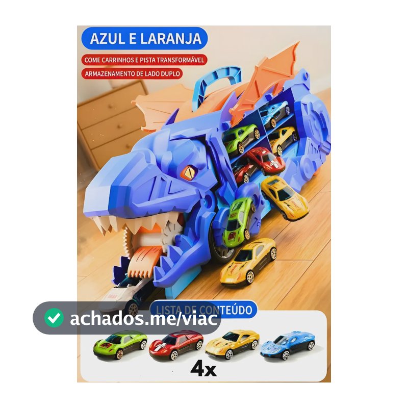 Caminhão Dinossauro Pista Com Carrinhos Maleta Transporte Azul