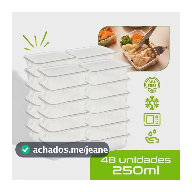 48 Marmitas 250ml Comida Fitness Pote Descartável Retangular Plástico Freezer Microondas Com Tampas - Mtones