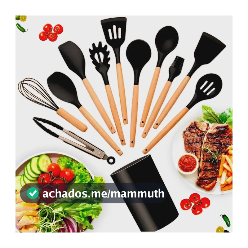 Kit 12 Utensílios De Cozinha Em Silicone E Cabo De Madeira Preto