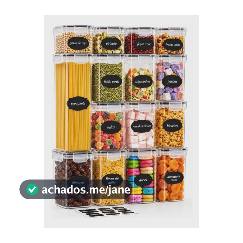 Kit 15 Potes Herméticos Empilháveis Quadrados para Mantimentos e Organização da Cozinha com Tampa e Vedação de Silicone Branco Shokki