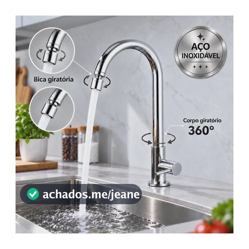Torneira Cozinha Bancada Inox Cromada Água Fria Bica Alta e Corpo Giratórios com Arejador