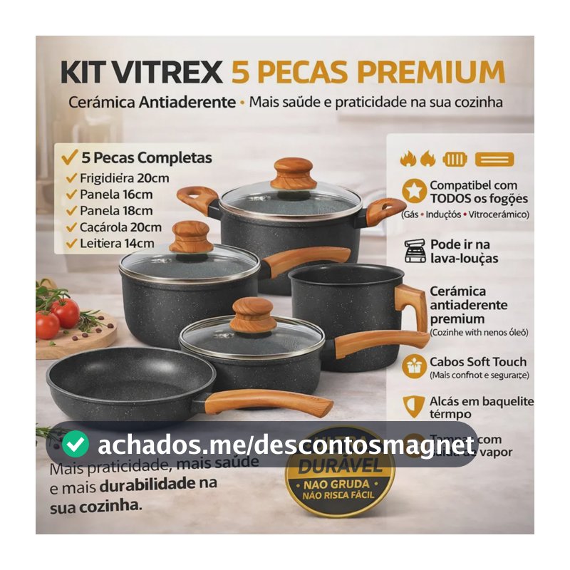 Jogo De Panelas Cerâmico Triplo Indução Vitrex Ecoglid 5 Peças Cor Preto Granito