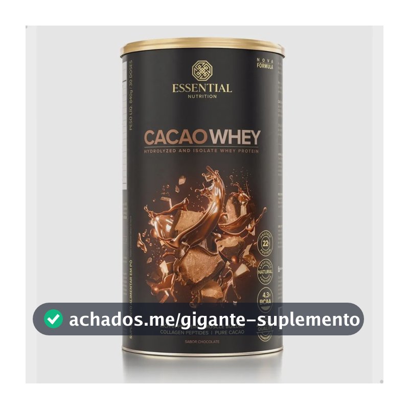Cacao Whey Hidrolisado e Isolado Sabor Chocolate da Essential Nutrition 840g Com 30 Doses
