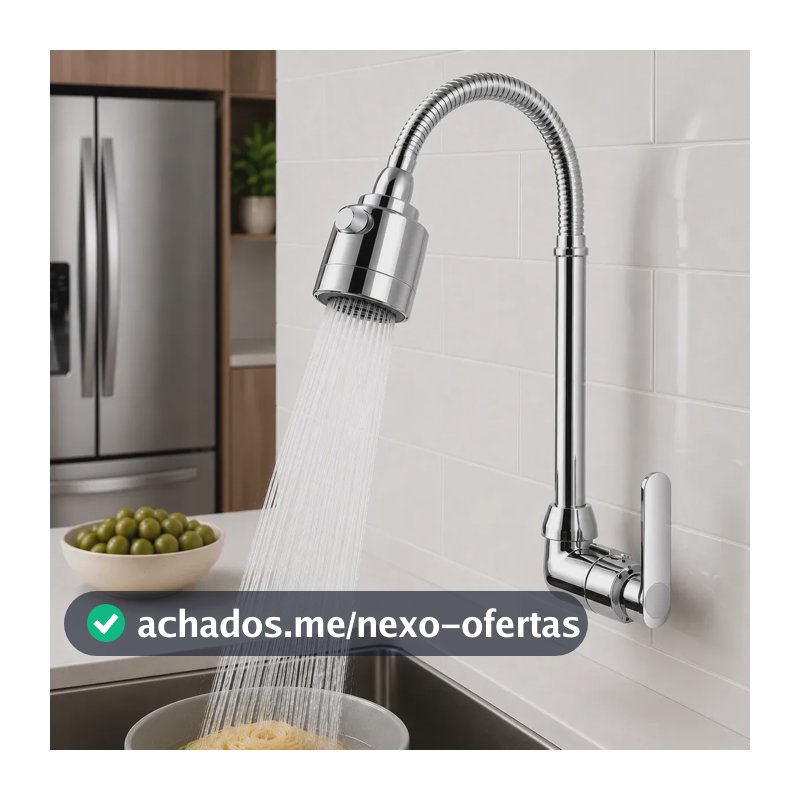 Torneira flexivel Inox Metal Cozinha Gourmet Casa Figuanni Parede Prateada Brilhante Parede