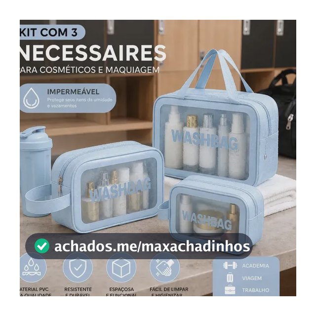 Kit 3 Necessaire Estojo De Toalete Organizador De Malas Kit Maternidade Cosméticos Shampoo Impermeável Ideal Para Áreas Molhadas Viagens Trabalho Academia Material PVC Qualidade Tche Amo Cor Azul