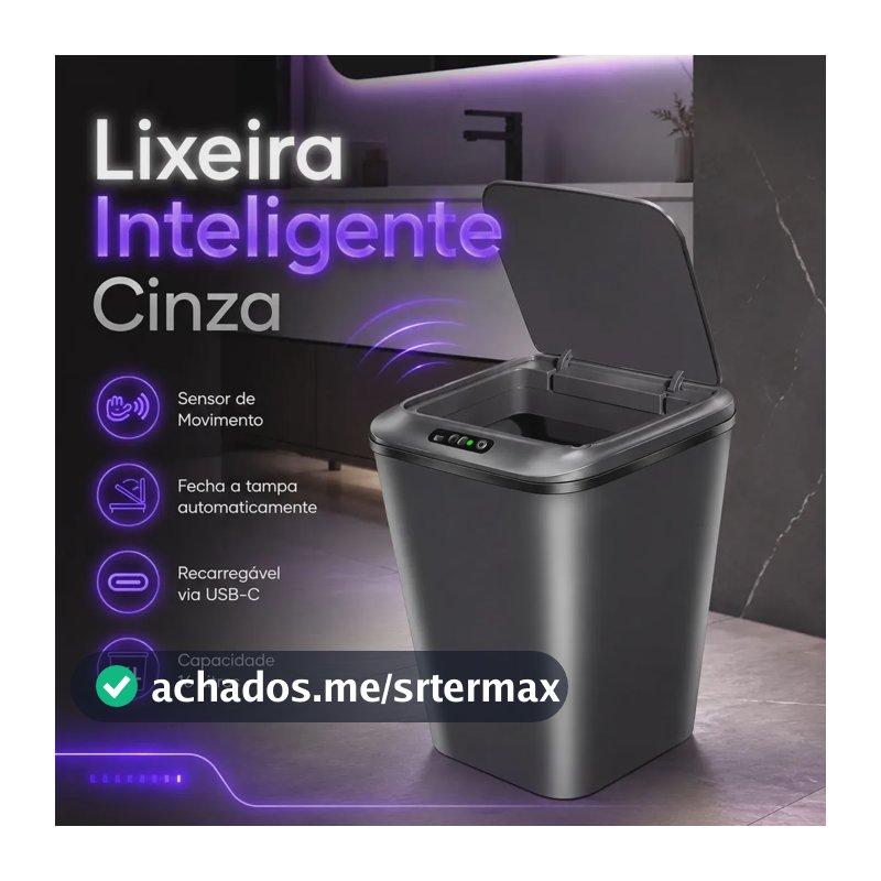 Lixeira Inteligente Sensor Automático 16l Cinza Smart Recarregável Para Banheiro E Cozinha
