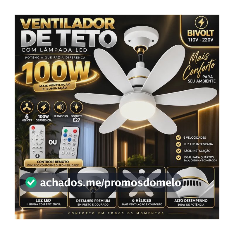 Novo Ventilador Teto 100W 6 Hélices com Controle Ajustável Bivolt E27 Lâmpada Led Silencioso