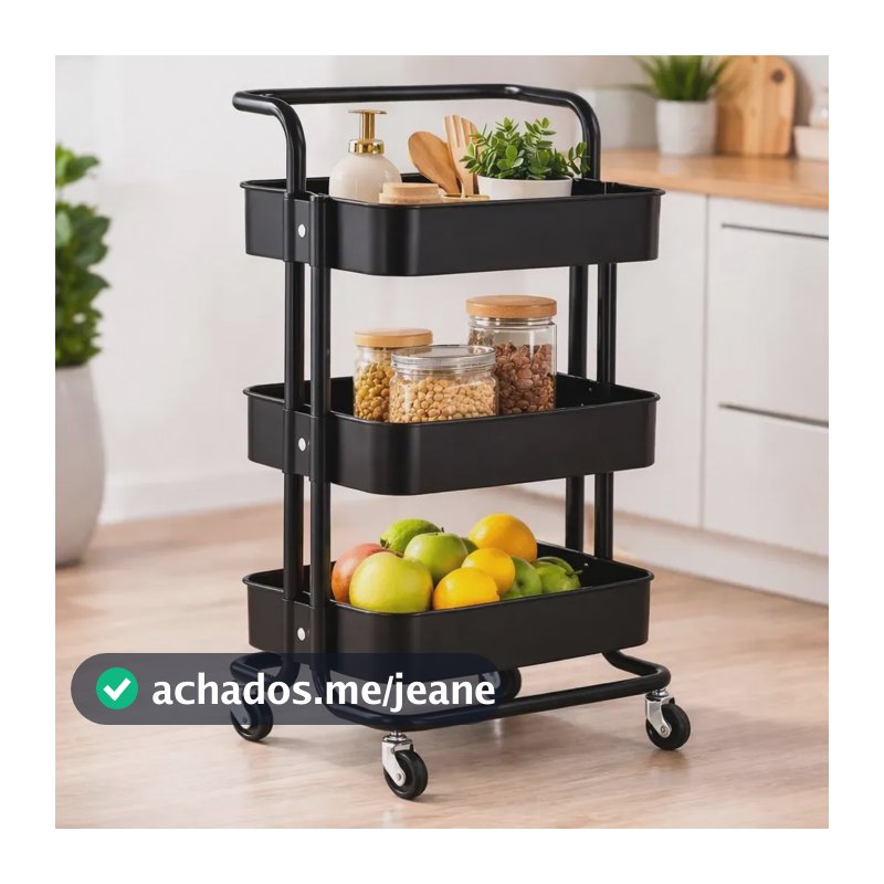 Carrinho Organizador Aço Multiuso 3 Prateleiras Cozinha Salão Banheiro Quarto Multmaxx Preto