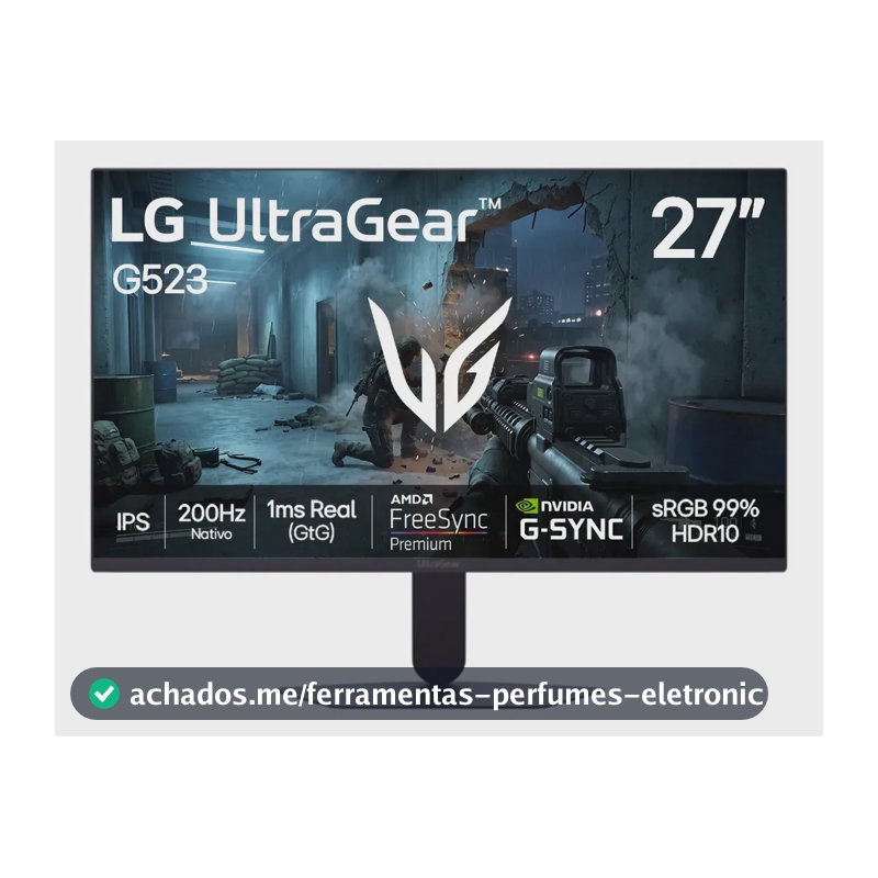 LG UltraGear Monitor Gamer 27" IPS 200Hz, 1ms (GtG), Full HD (1920x1080), HDR10, NVIDIA G-SYNC AMD, FreeSync Premium, sRGB 99%, Preto - 27G523B